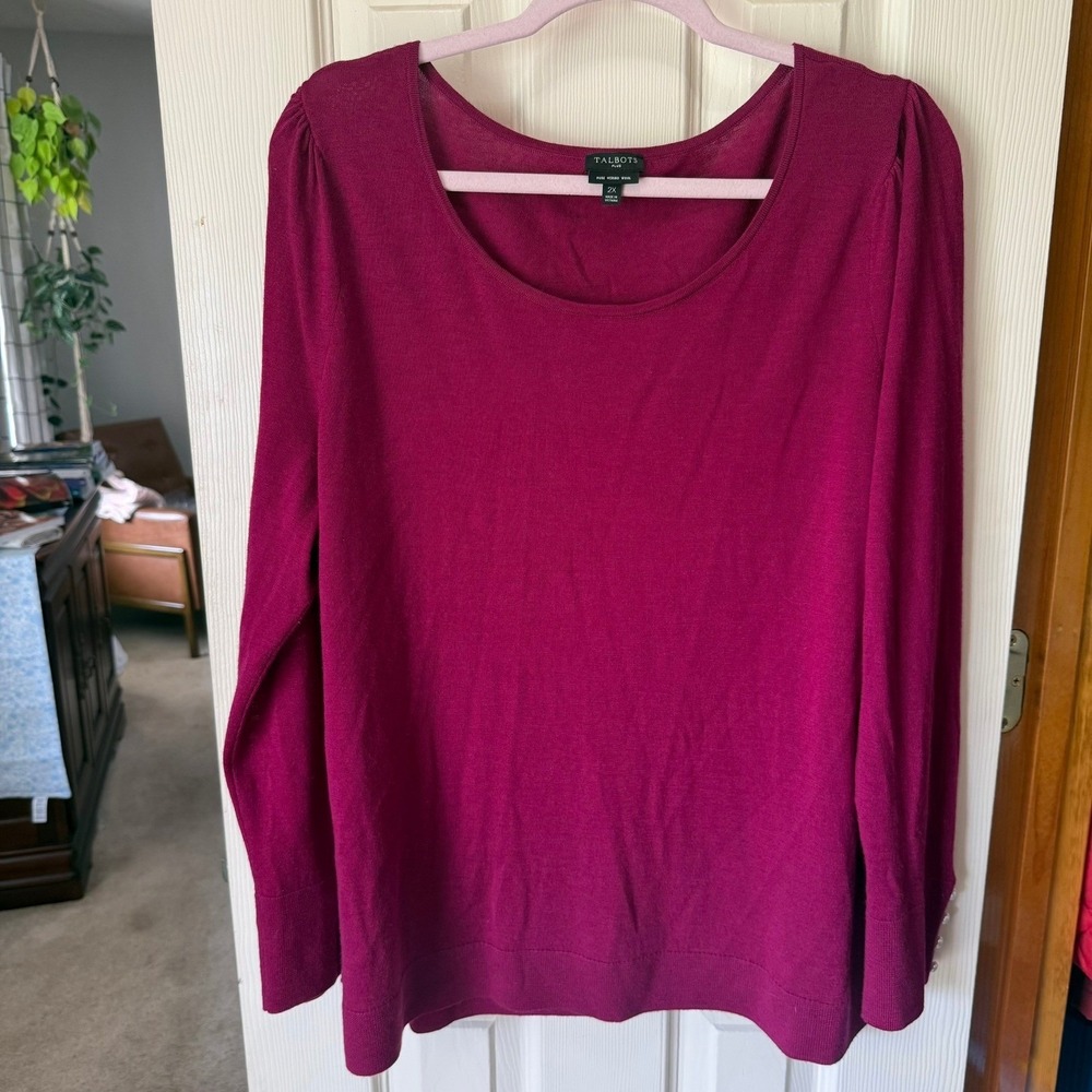 Talbots Sweater Womens 2XL Magenta Fuchsia 100% Merino Wool Button Cuff Pullover